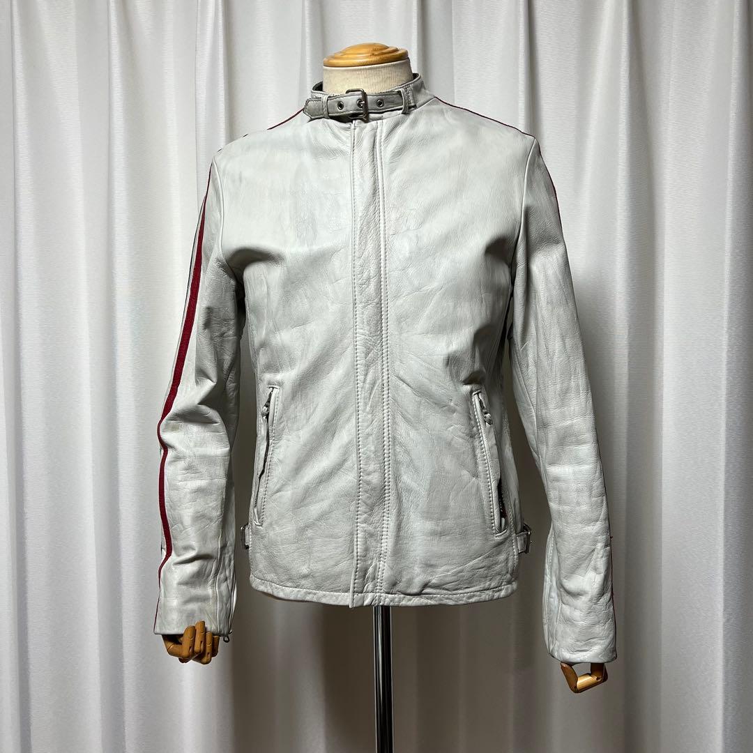 Schottクラッシックレーサー　シングルライダース　白地に袖青赤2本線　牛革M