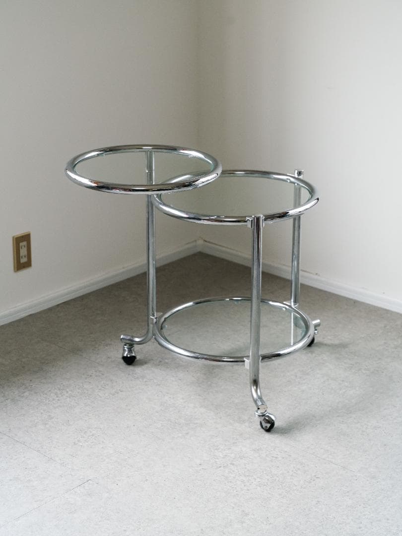 ヴィンテージ　3段 ガラスラウンドテーブル　ワゴン　ミッドセンチュリー　モダン