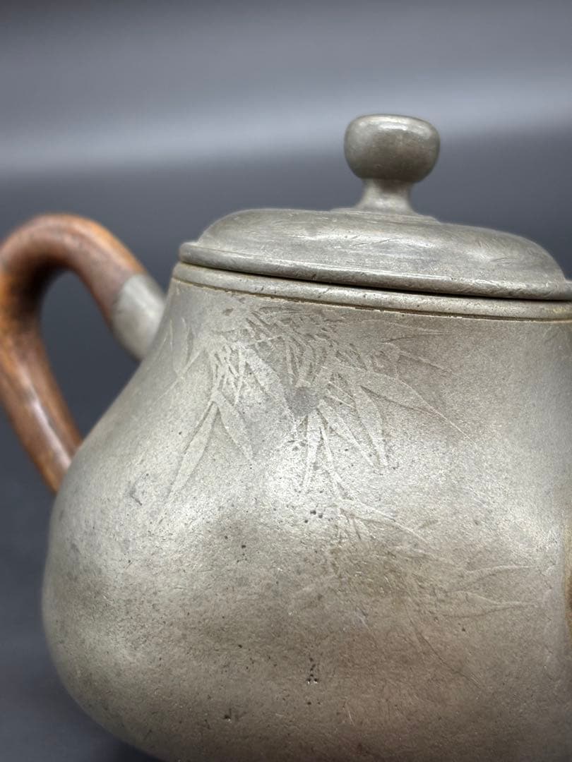煎茶道具 古錫製 草花紋 木製持手彫細工 一文字急須 /煎茶器 錫器 本錫製