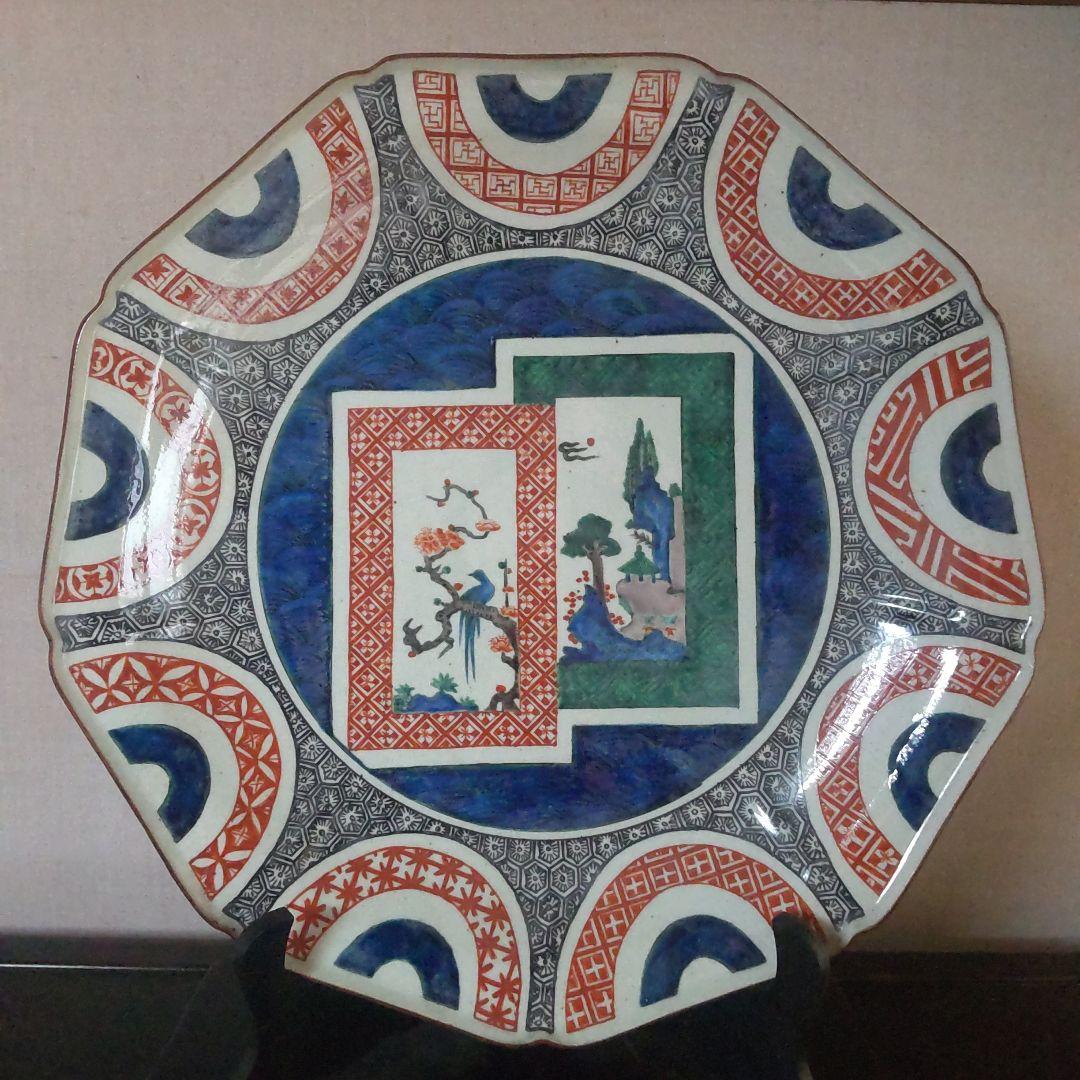 ！古九谷 様式九角大皿 青手！