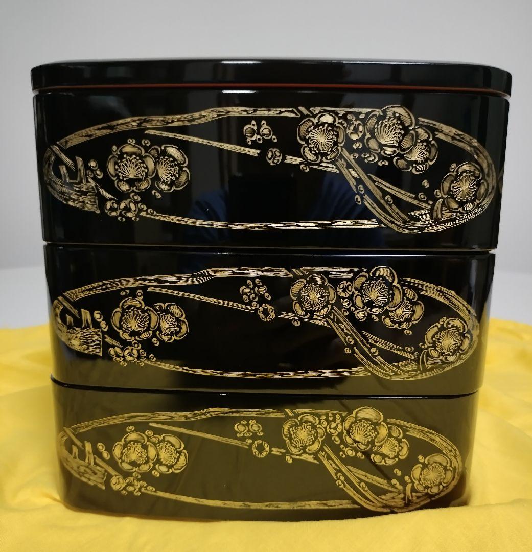 輪島塗　四君子沈金　胴張　三段重