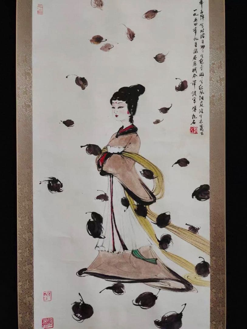 【掛軸 傅抱石風】美人図 中堂掛軸 逸品 168×70 装飾 アート インテリア