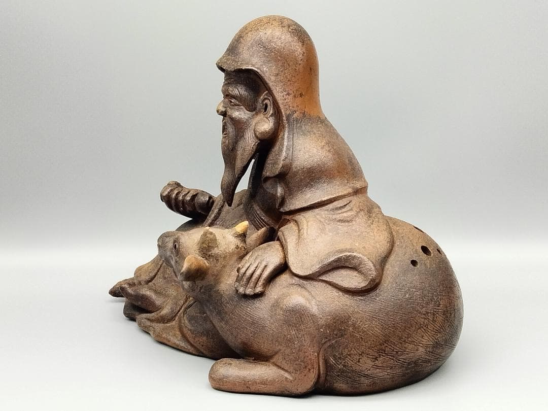 備前焼 古備前 備前国伊部村・木村盛治清近作 牛と寿老人 香炉仕立