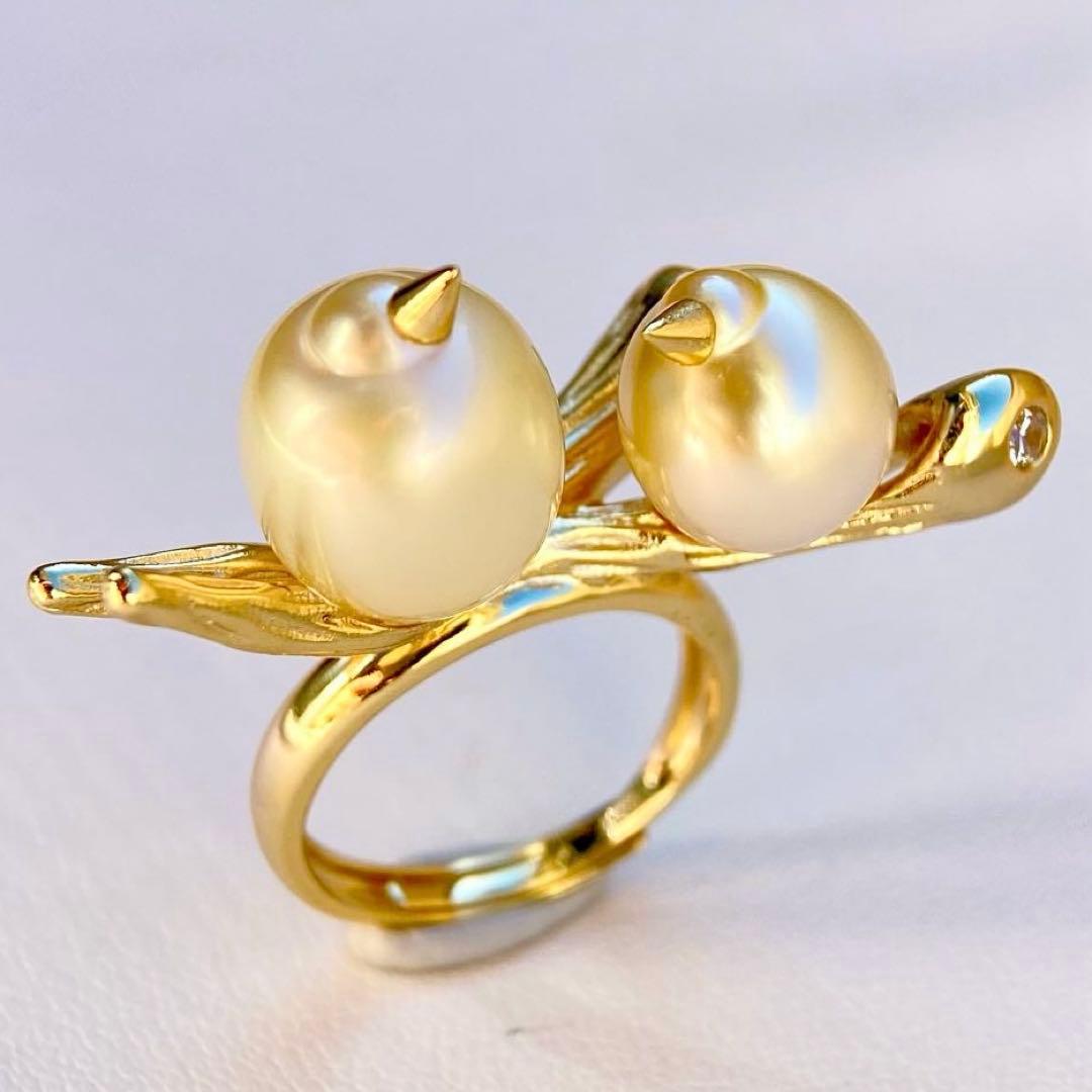 本真珠南洋白蝶真珠シャンパン&ゴールド「鳥と枝 」s925リングY1006