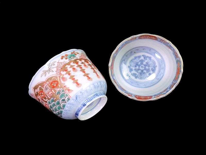 古伊万里　金襴手　瓔珞紋に松竹梅　獅子に青海波の図　猪口　E767AS-CRj