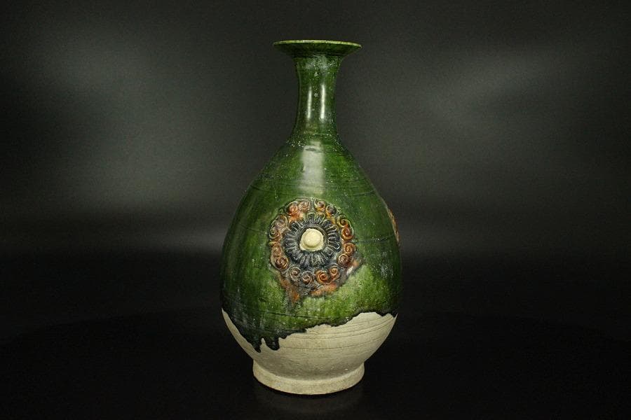 中国美術 緑釉 ニ彩 貼花瓶 高26.3cm(LC145)