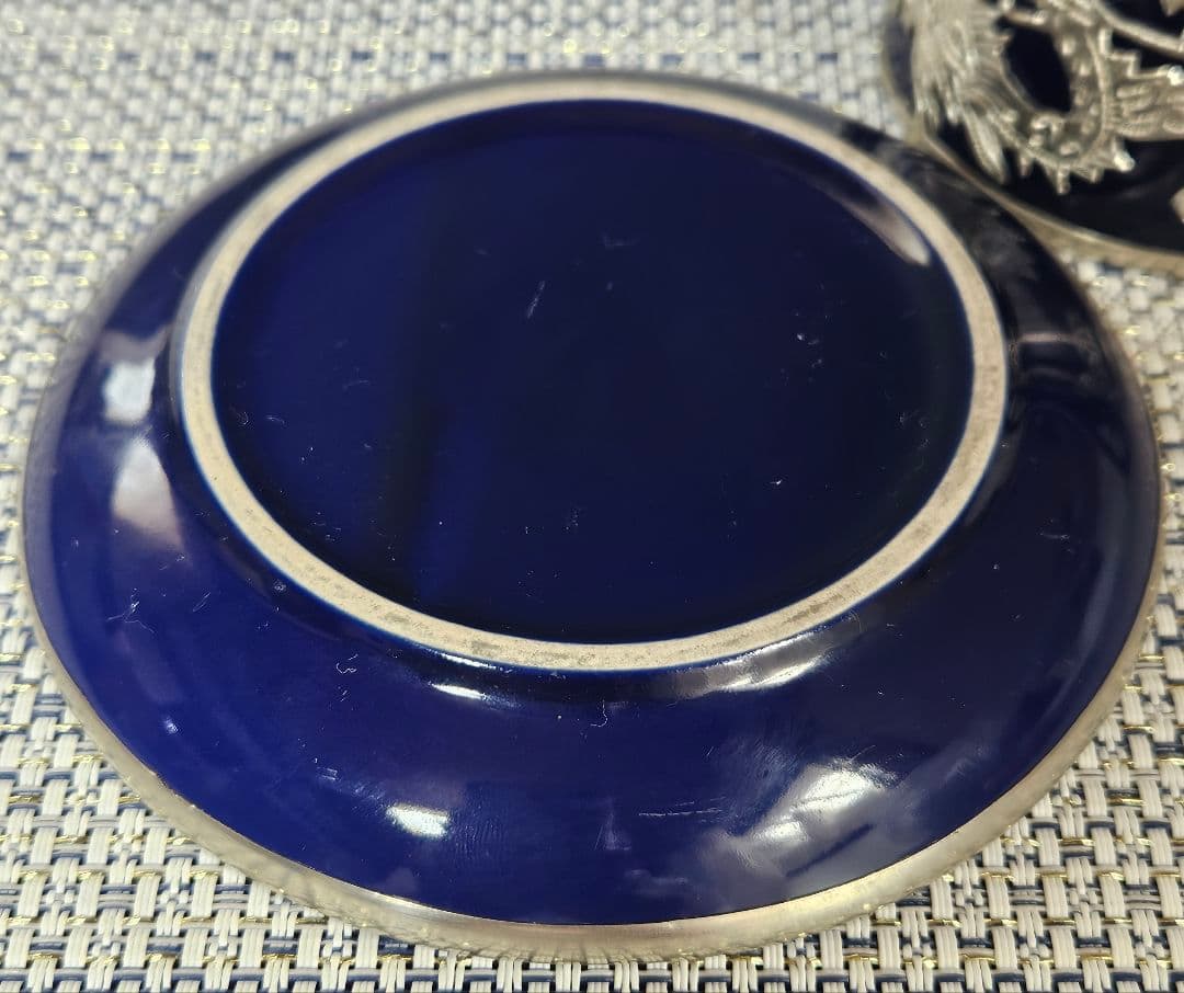 【華美❗】中国美術　瑠璃釉　錫廻し　玉取双龍の図　五爪の龍の図　カップ&ソーサー