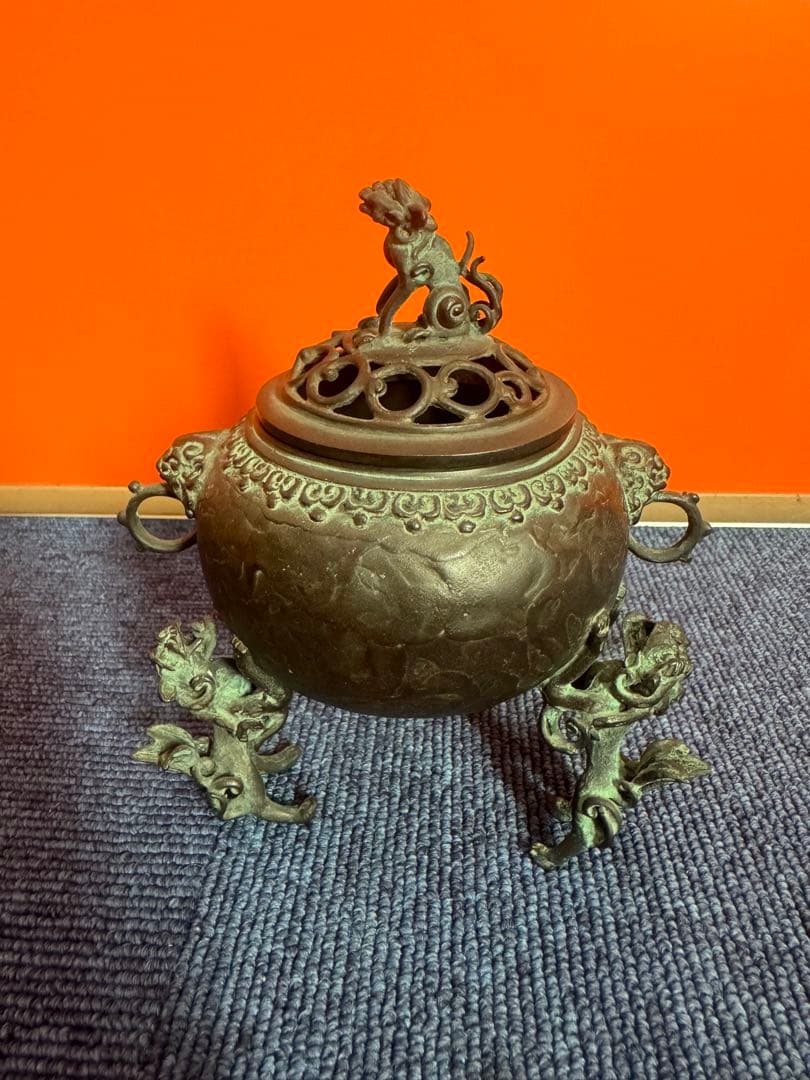 1817 高岡銅器　須賀七郎作　月芳　蝋型鋳銅　三獅子　香炉　時代物