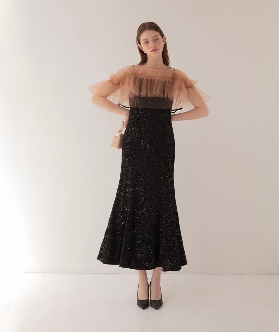 【LEJA】チュールフリルボレロペイントマーメイドドレスワンピース