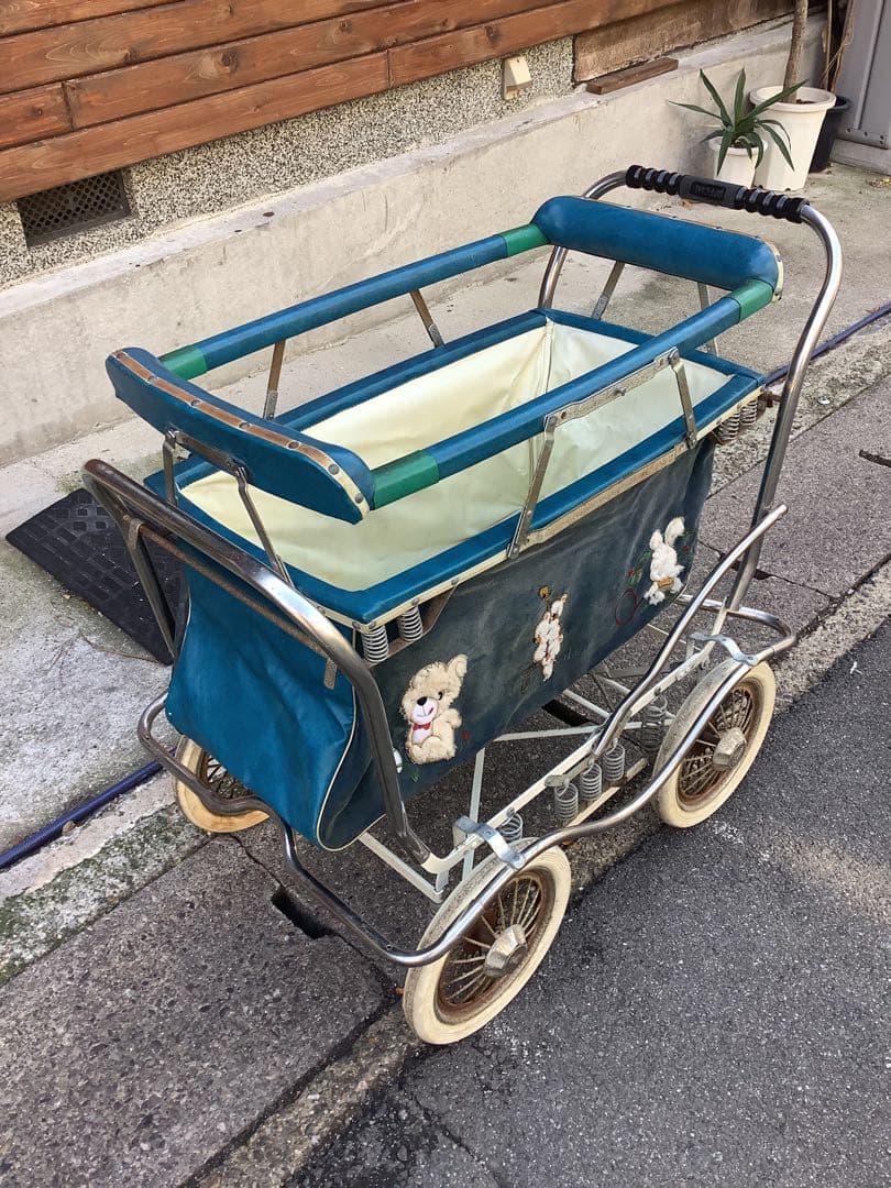 アンティーク 昭和レトロベビーカー ペットカー青とクリーム色