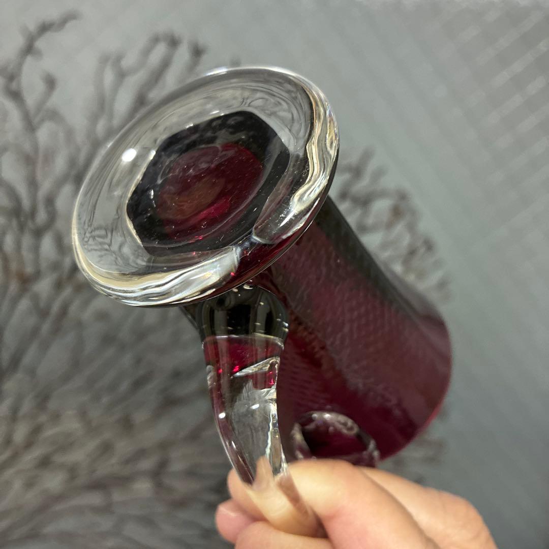 骨董　時代　希少金赤ガラス　取手付き　プレス調　アイスクリームコップ　ウラン③