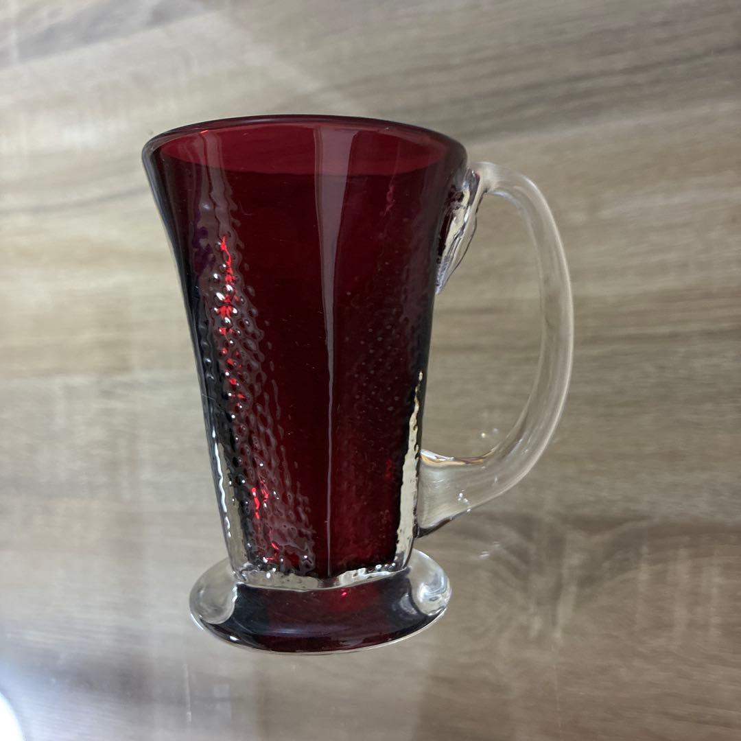 骨董　時代　希少金赤ガラス　取手付き　プレス調　アイスクリームコップ　ウラン③