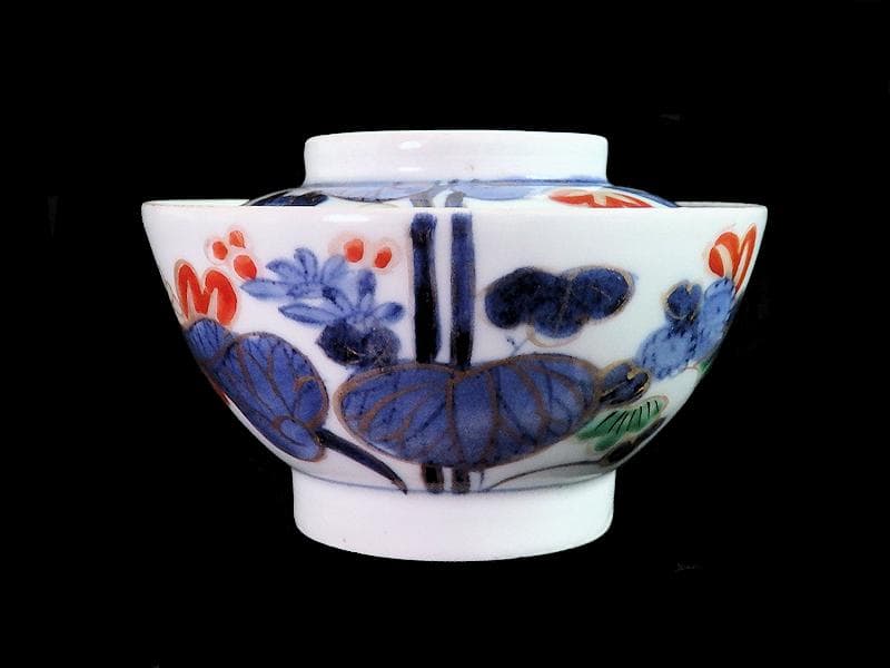 古伊万里　染錦　河骨紋の図　広東型　蓋茶碗　５客　C859AS-CEw