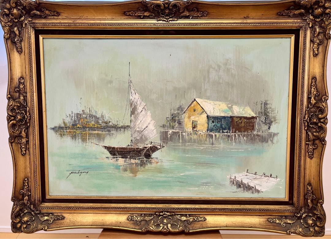 【貴重】ヨットハーバー油絵　豪華額装付
