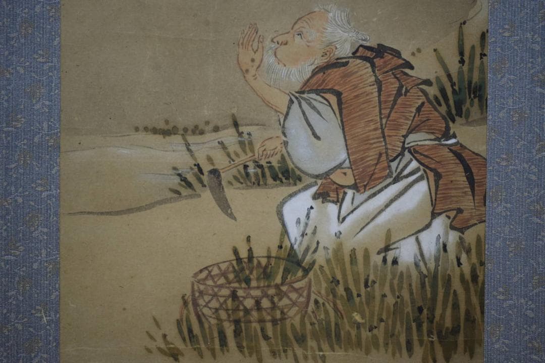 真作/小栗十洲の母/小栗雪篷/草刈り人物図/布袋屋掛軸HH-618