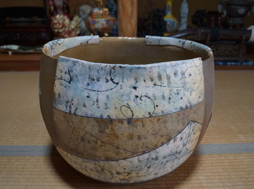 現代陶芸家 人見啓一造 大型造形彩泥深鉢『海底探険』彩泥象嵌 共箱 90年代作品