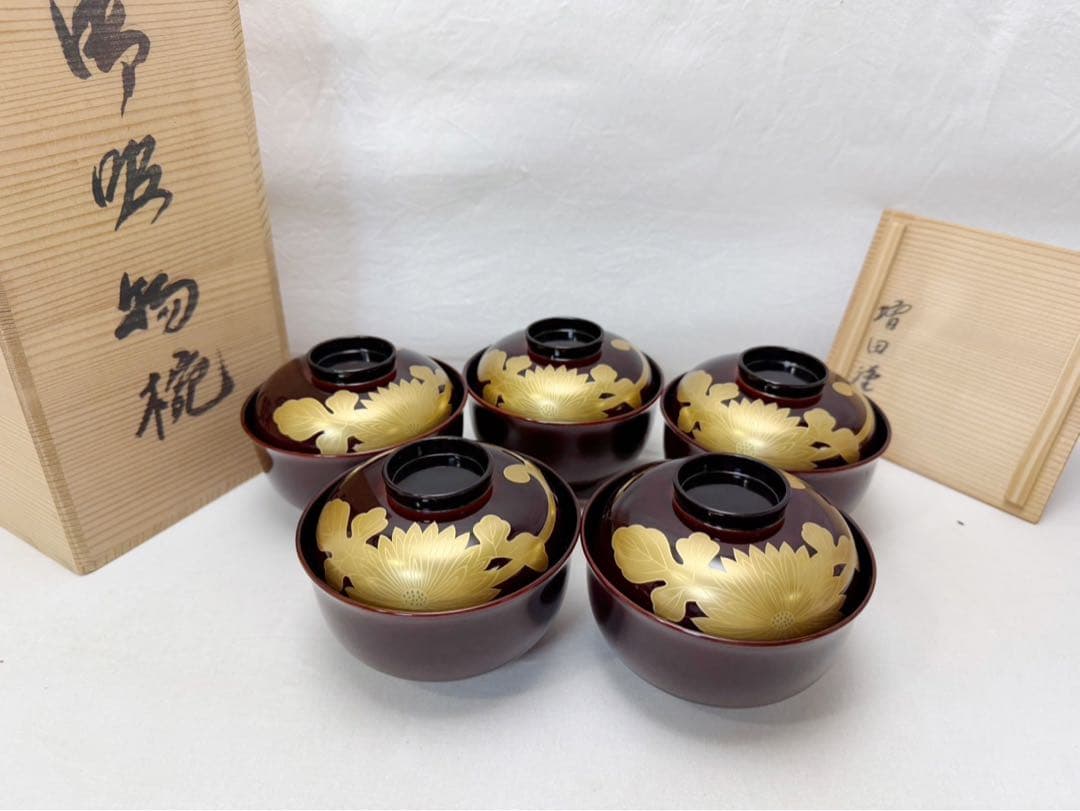 ほぼ未使用 懐石道具 增田錦製 天然木製 溜塗 花蒔絵 吸物椀 5客揃 内黒共箱