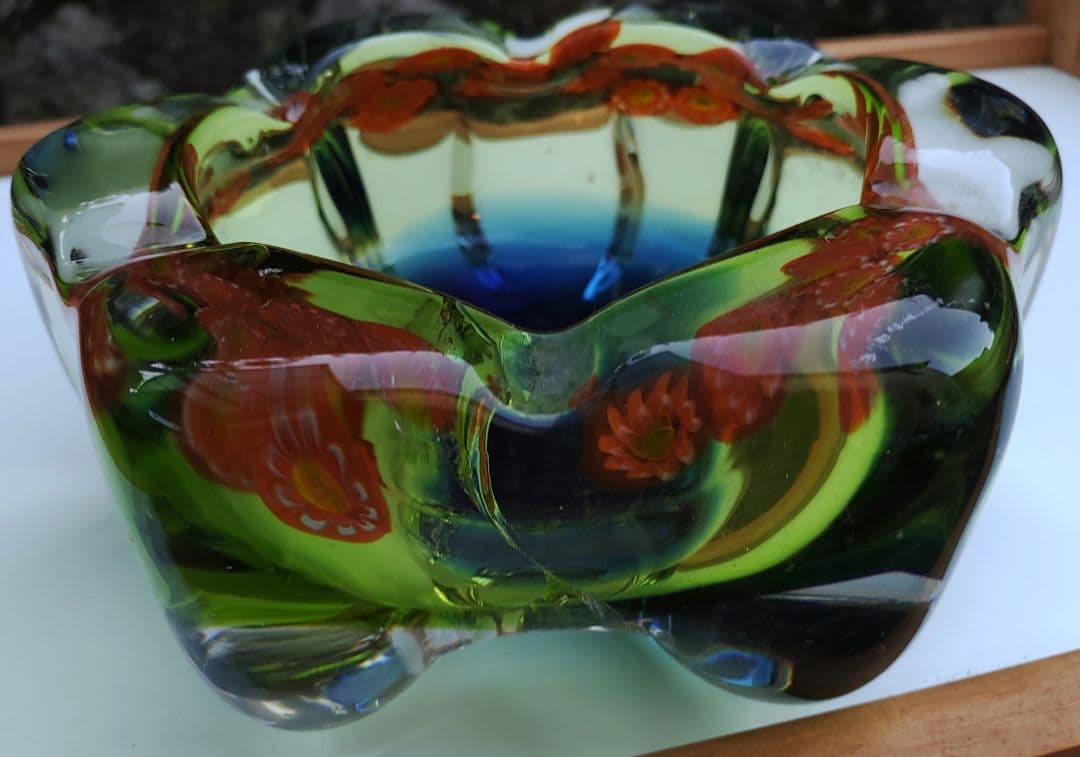 マルティグラス　灰皿　レトロ　オレンジ花柄　グリーン