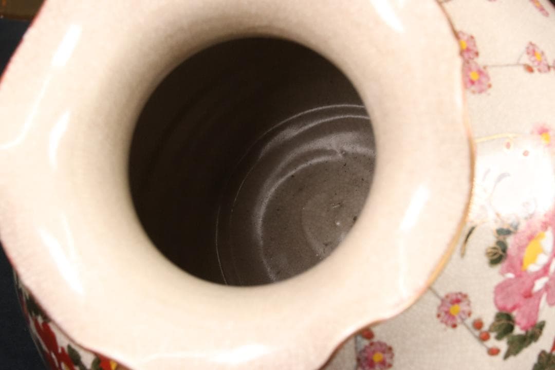 薩摩焼　勇仙作　色絵金彩花鳥図獅子耳　大花瓶　花器　壷　高さ38cm　BE716