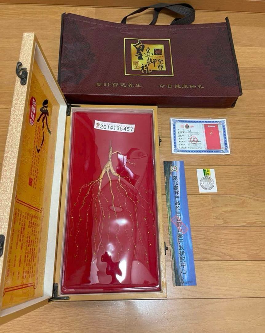 鑑定書付き 中国山参人参　置物　飾り物　高麗人参 シリアル付き