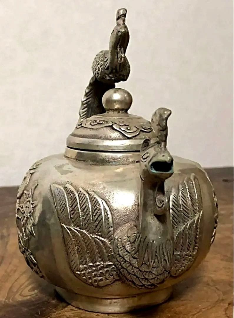 中国美術 白銅 鳳凰草花刻紋 急須 大明宣徳年製