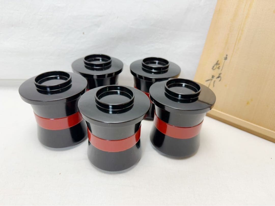 ほぼ未使用 懐石道具 平安象彦 木製黒真塗 箸洗 小吸物椀 5客揃 底印 共箱