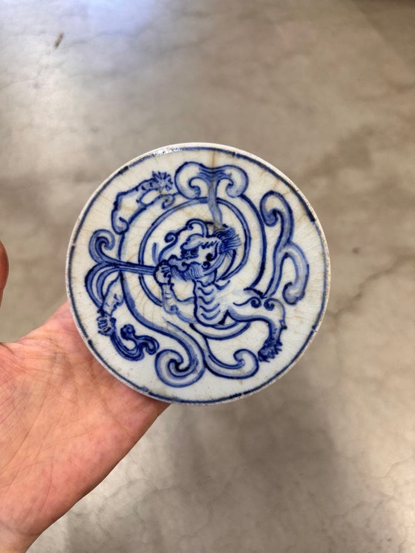 青花染付 龍文 急須台（壺台） 有底款 古陶磁 時代物