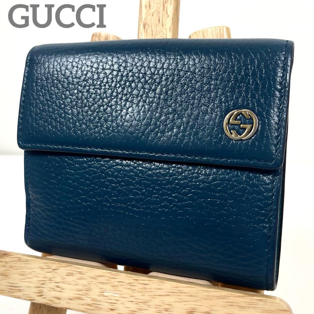 グッチ　インターロッキング　折り財布　ゴールドロゴ　コンパクト　レザー　極美品