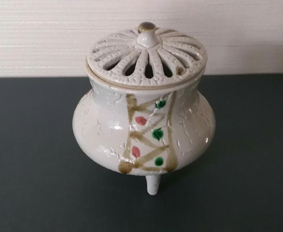 赤絵 香炉　益子焼　松原直之　三ツ足　師 木村一郎