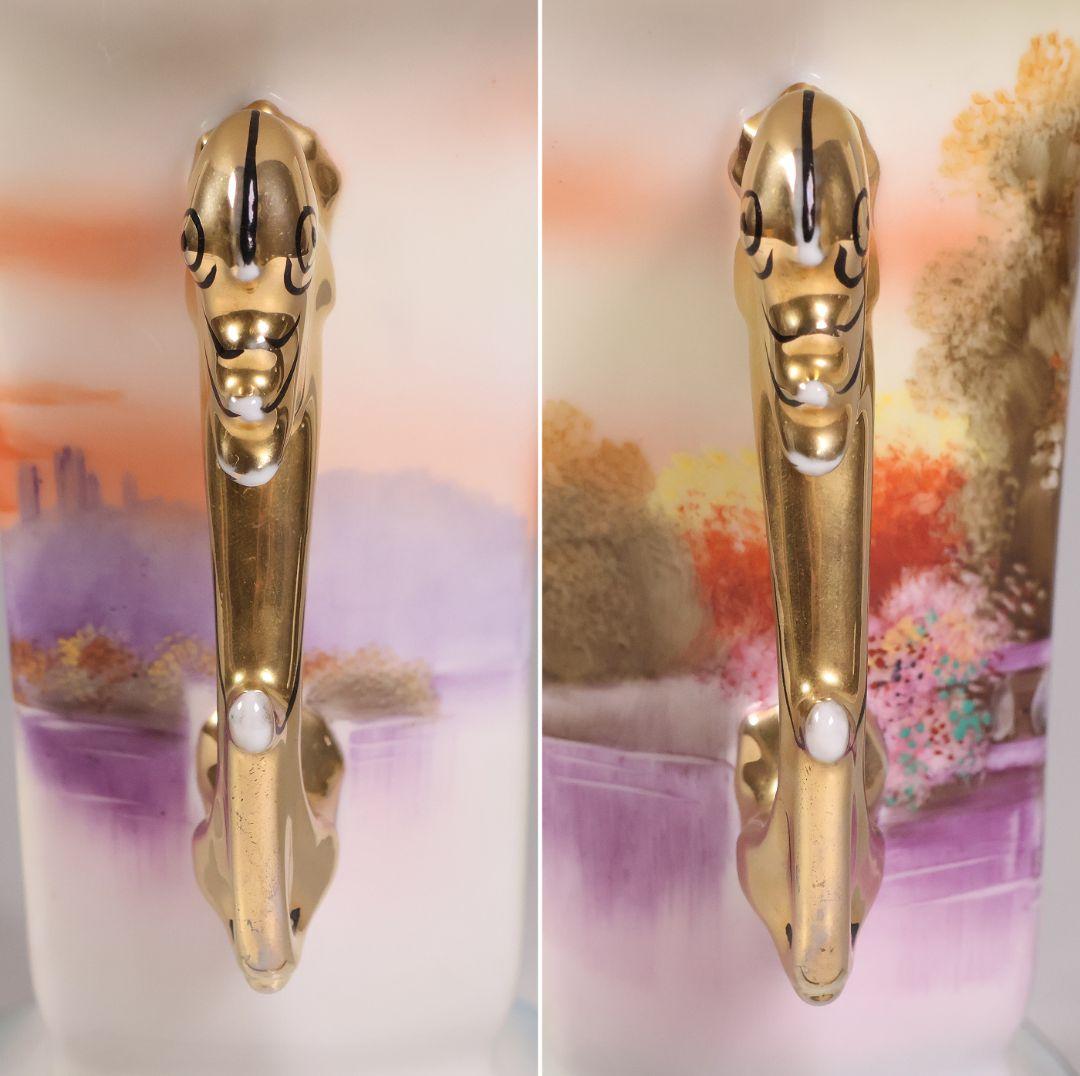 【CM305】オールドノリタケ 湖畔の風景 白鳥 花瓶 15.5cm 耳付 花入