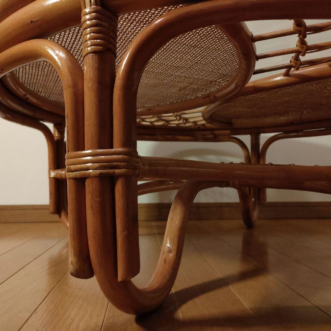 ラタン 藤 ガラス天板 丸テーブル 座卓 レトロ モダン 直径約90cm