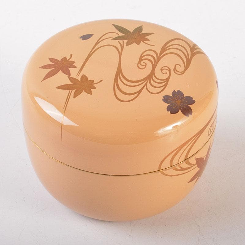 茶道具　山中塗　早見征一作　白漆　扇面流水蒔絵　平棗　共箱　V　6844