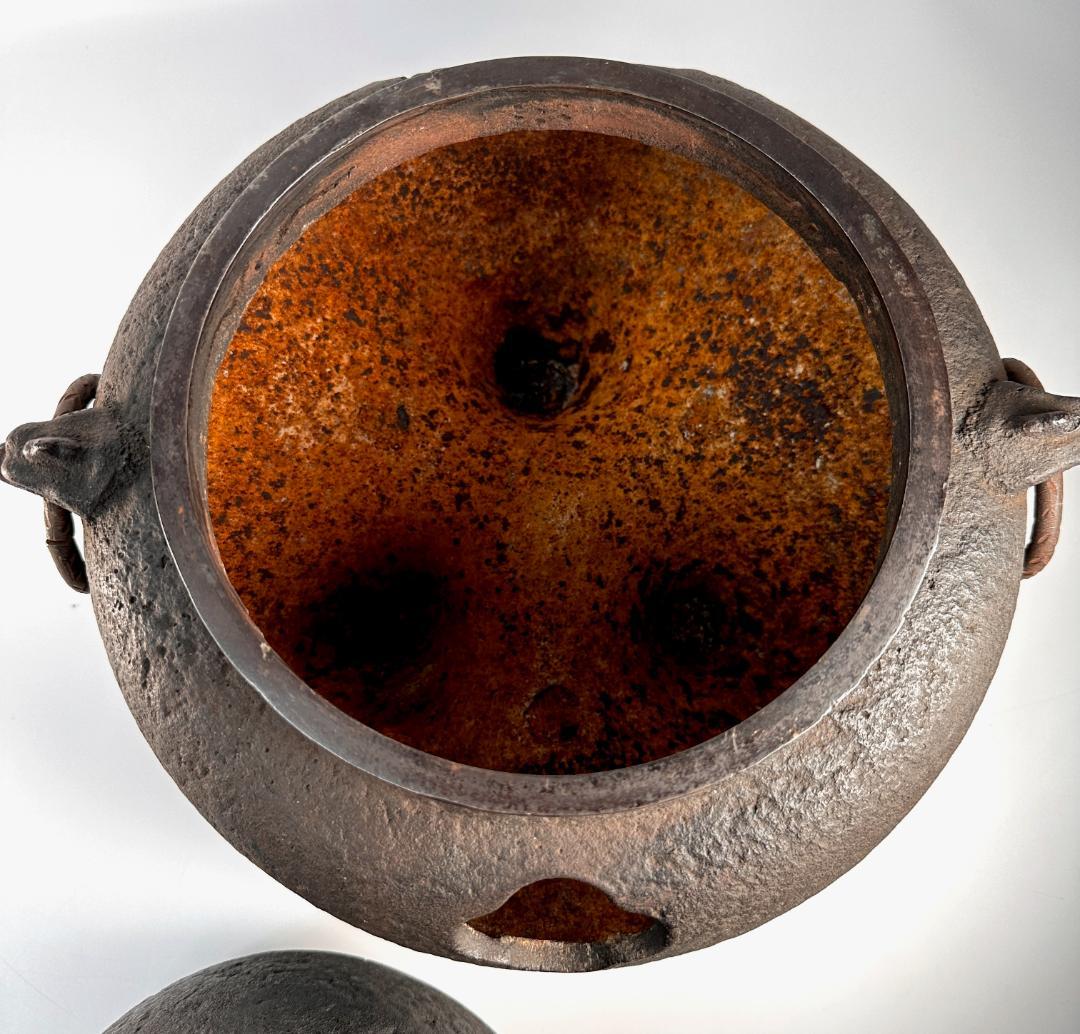 昭和ビンテージ　鉄鬼面風炉・茶釜　唐銅蓋　茶道具