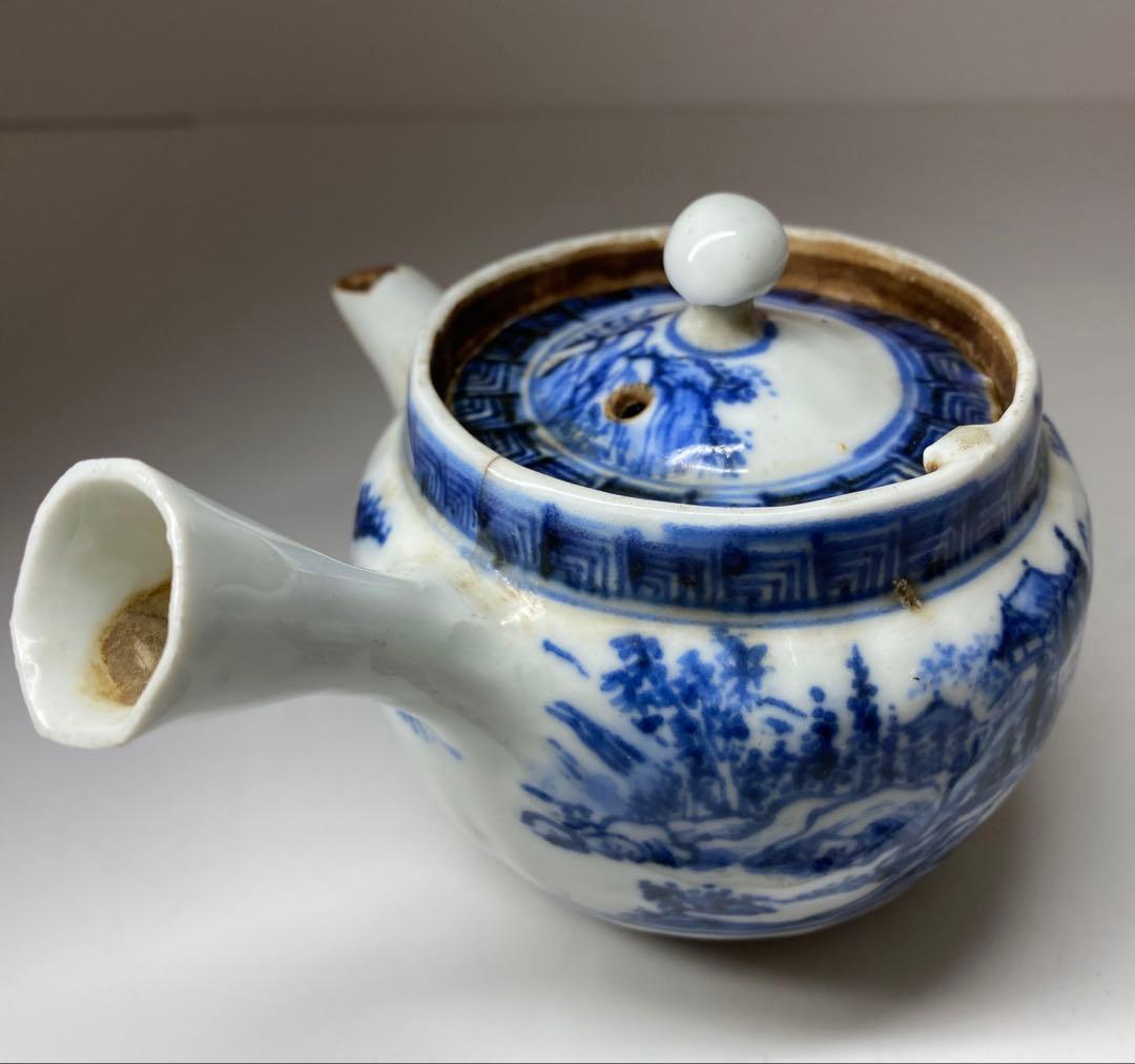 専用青木木米　青花山水画急須取手に銘　　幅約12㎝　東Y7-0116☆2Fトトオ