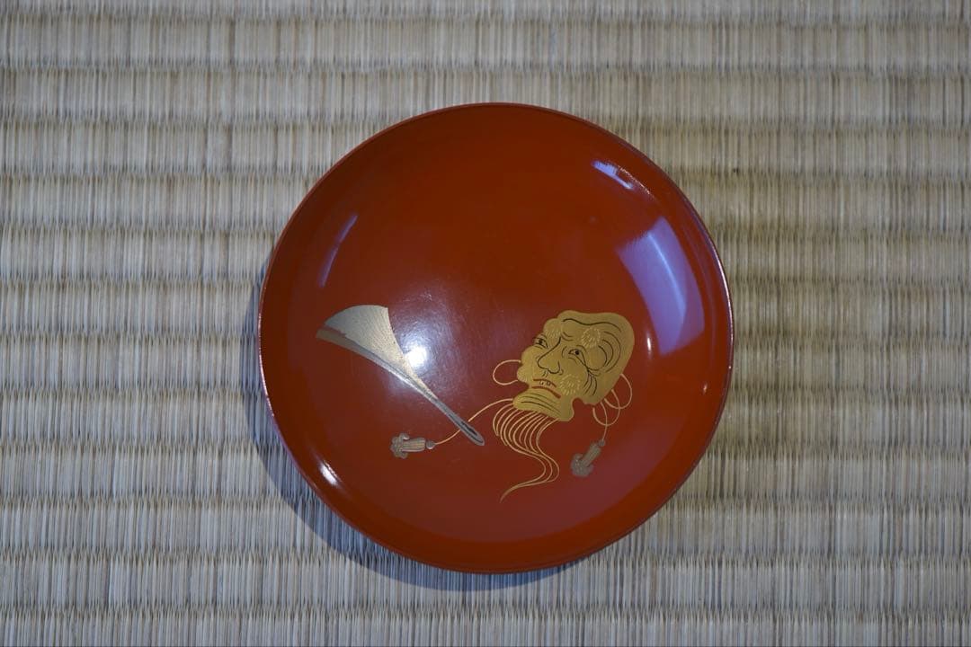 能登輪島塗 銘 玉峯 朱漆 根引松見返翁蒔絵 吸物椀 2客/ 木製漆器 茶懐石