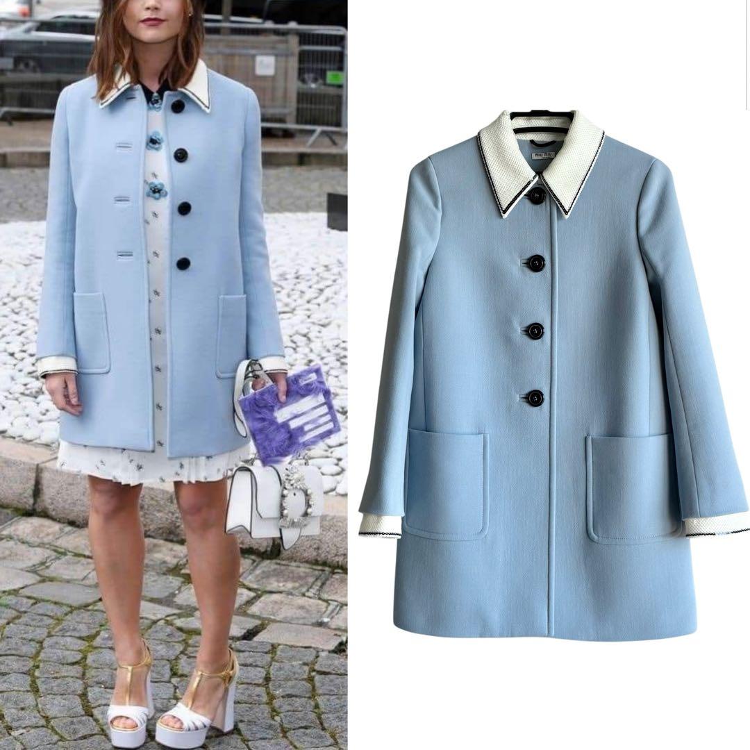 美品 miu miu スパンコール装飾 ステンカラーコート 38 ブルー