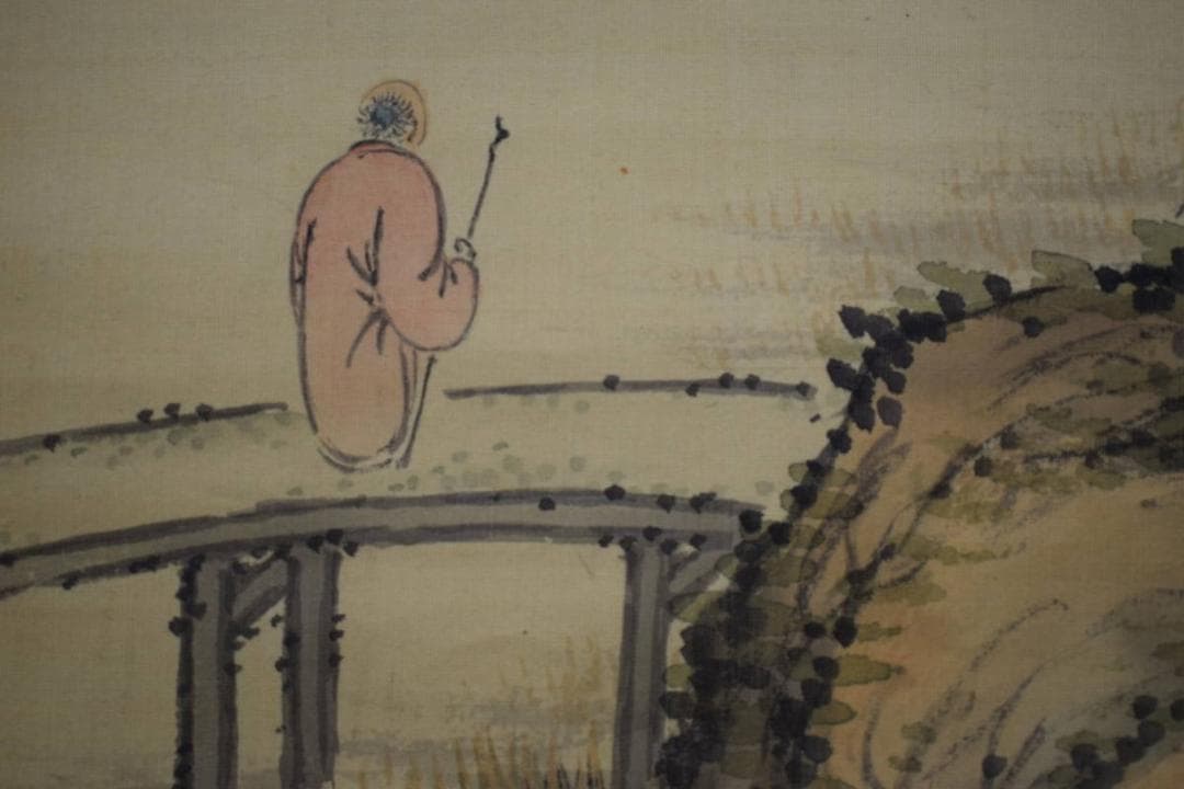 真作/帆足杏雨/秋景山水人物画賛/軸先紫檀/布袋屋掛軸HF-346