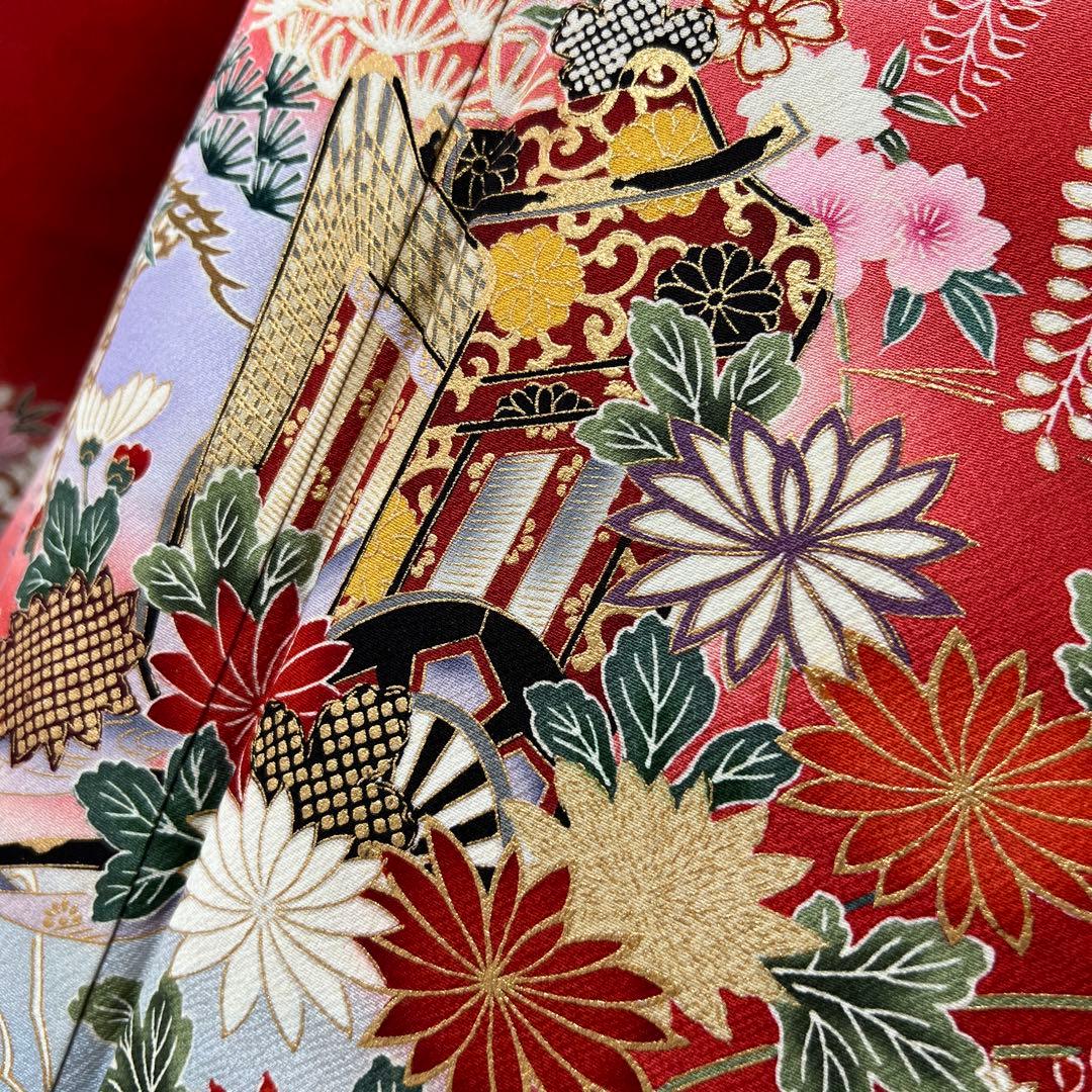 367 振袖フルセット 正絹 赤 レッド 黒 金彩 暈し染め 古典 風景 正統派
