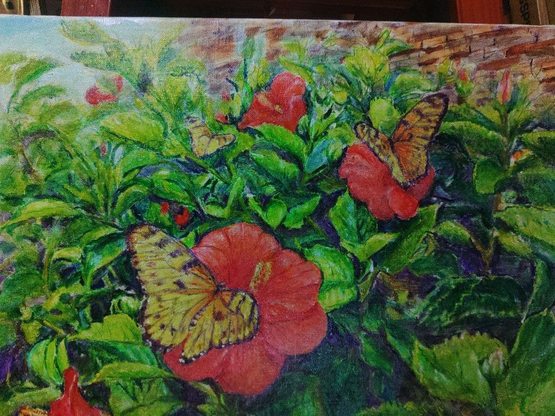 ハイビスカスと蝶々、油彩画