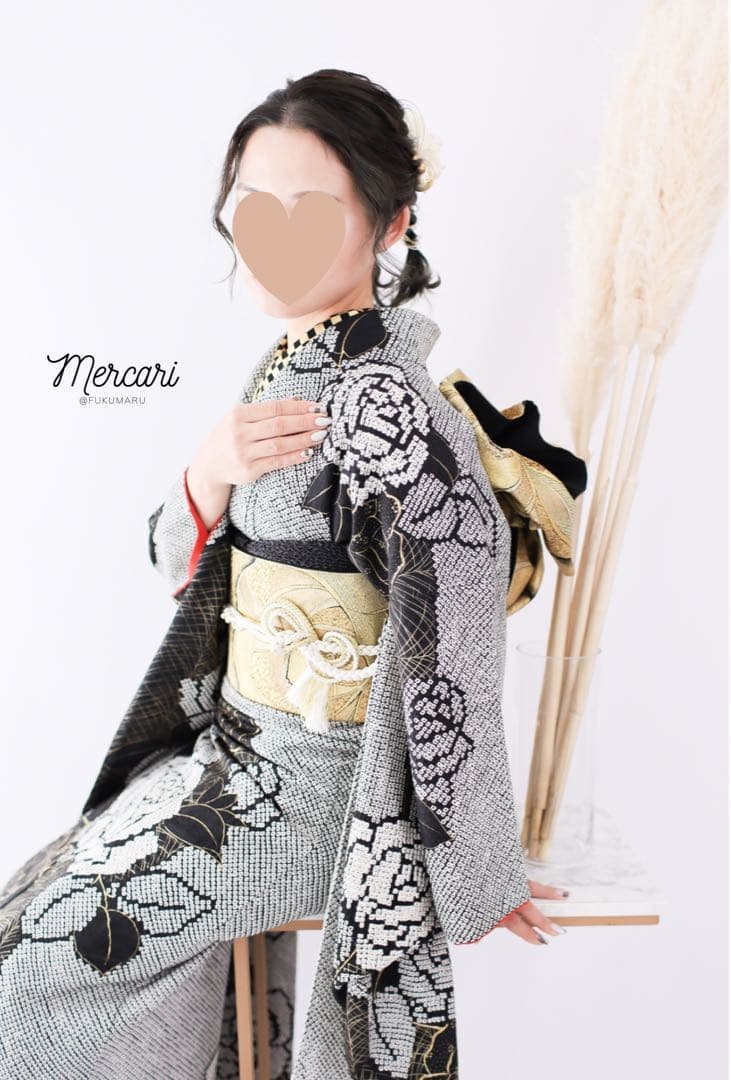 阪急百貨店　振袖　総絞り　薔薇　黒　フルセット　正絹