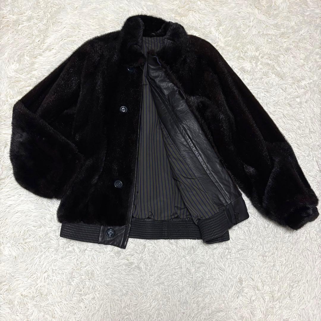 【極美品/レア】ミンク 毛皮 レザージャケット 切り替え リブ編み ブラウン