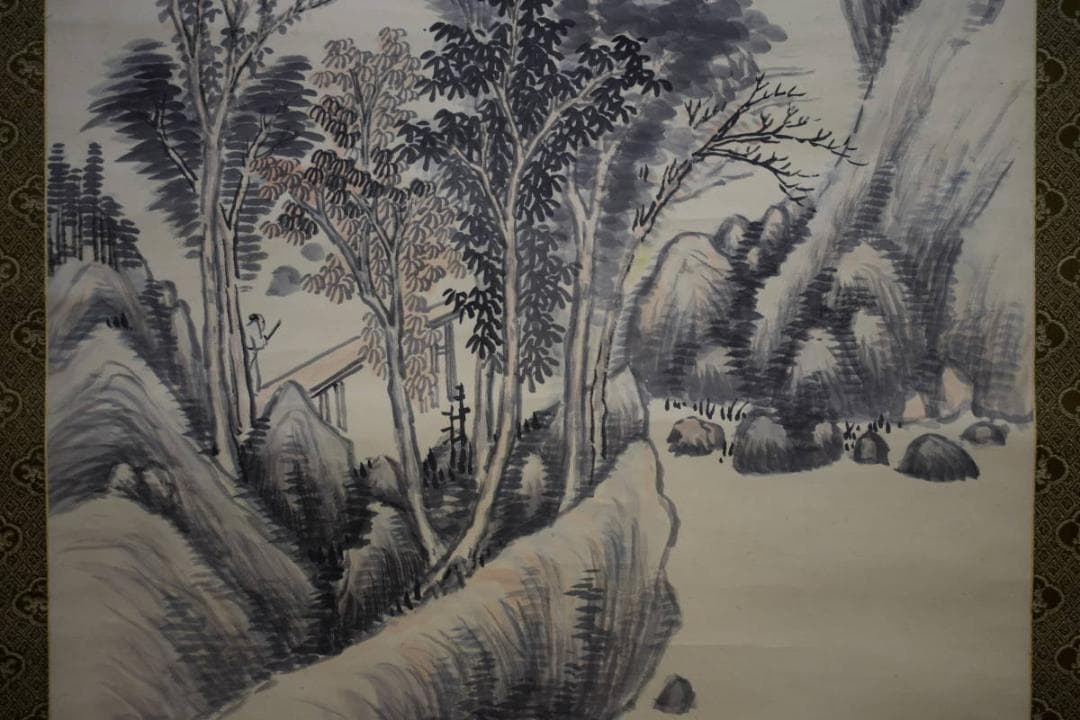 真作/岡田米山人/山水画賛/布袋屋掛軸HG-557