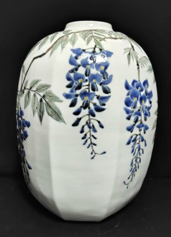 末岡信彦 色絵藤之図八角壷 共箱　色絵磁器
