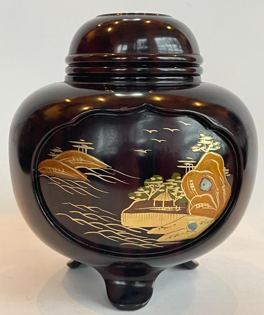 輪島塗 香炉 紫檀 蒔絵 越山 三つ足 山水 阿古陀 漆 金箔 螺鈿細工 骨董