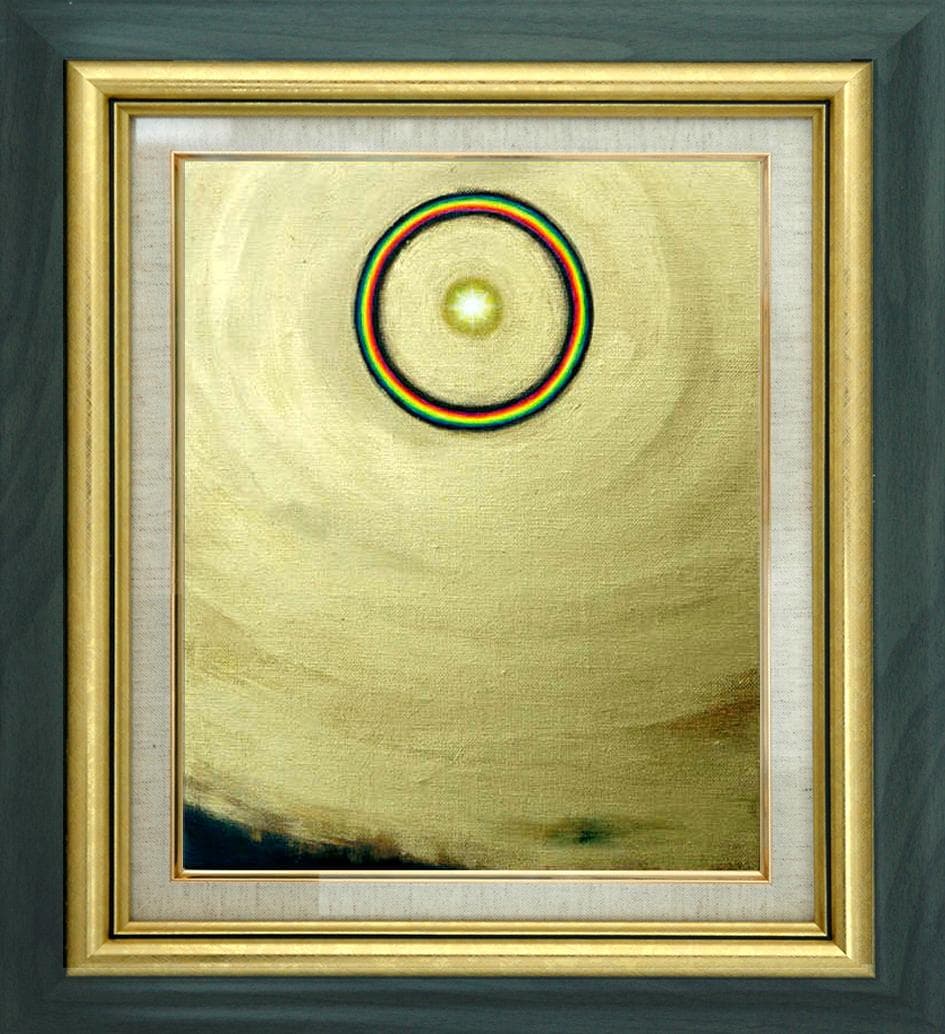 油絵 菅家令子絵 絵画インテリア額付(青緑＋金色の枠)F3-G112023風景祈