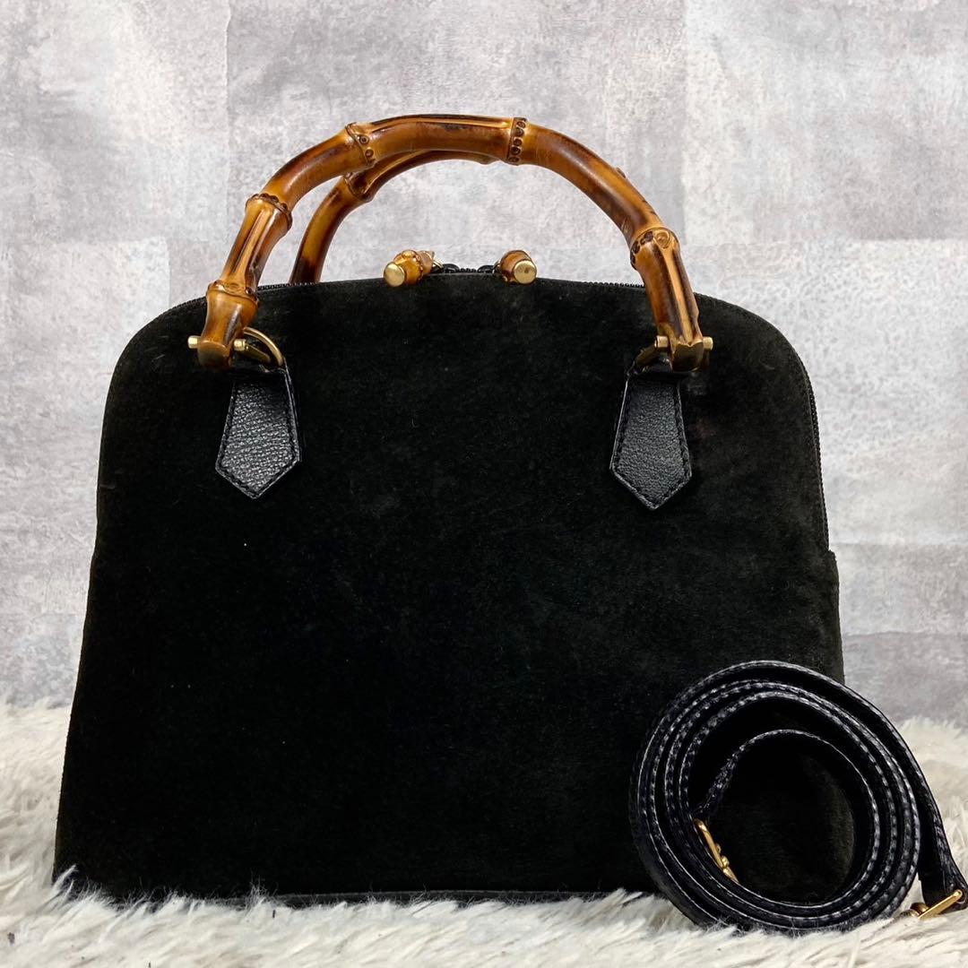 美品 オールドグッチ 2way スエード レザー バンブー 斜め掛け ブラック