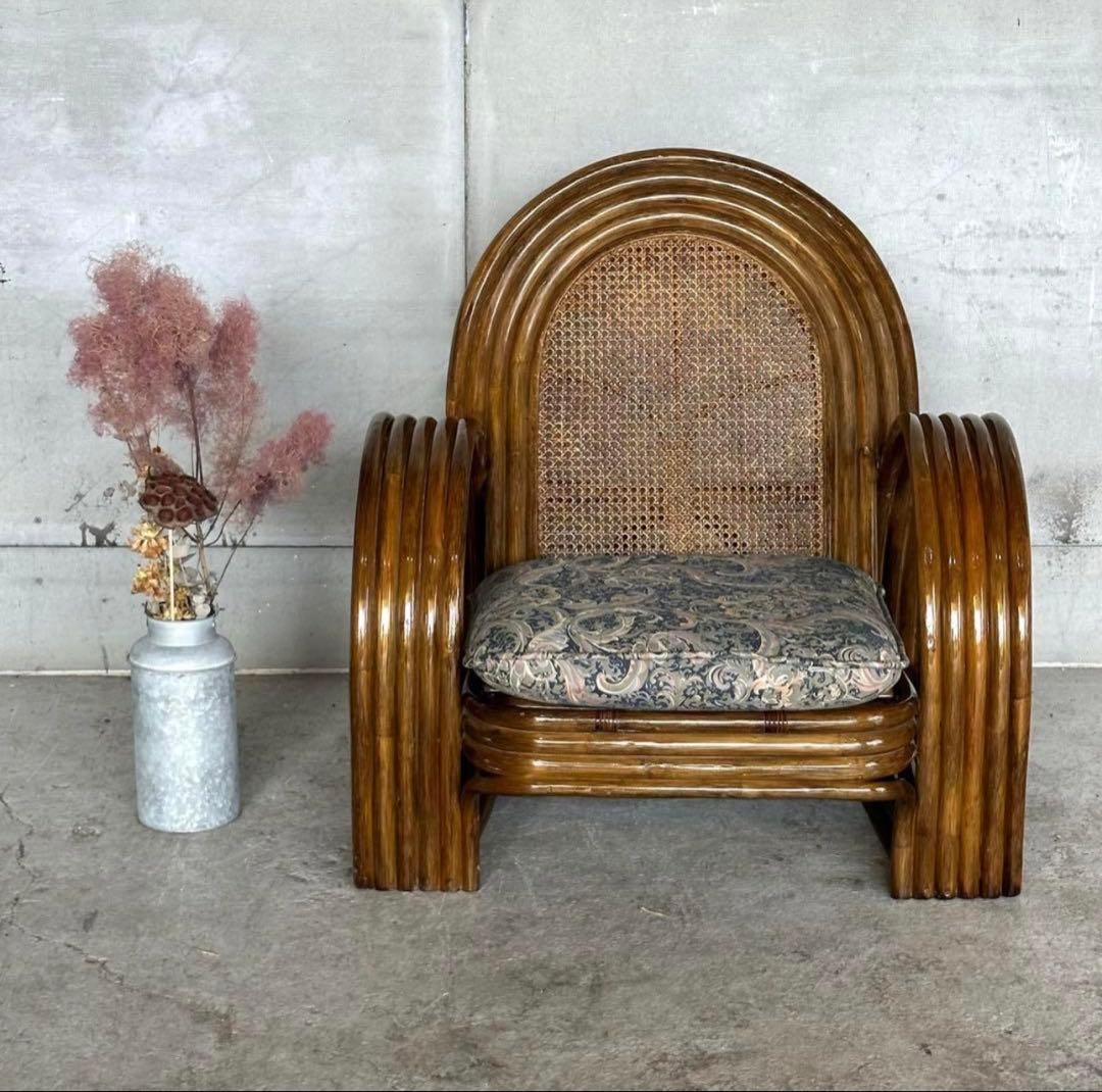 ꧁オールドラタン꧂カフェ風✦レトロラタン大型アームチェア　1人掛けソファー