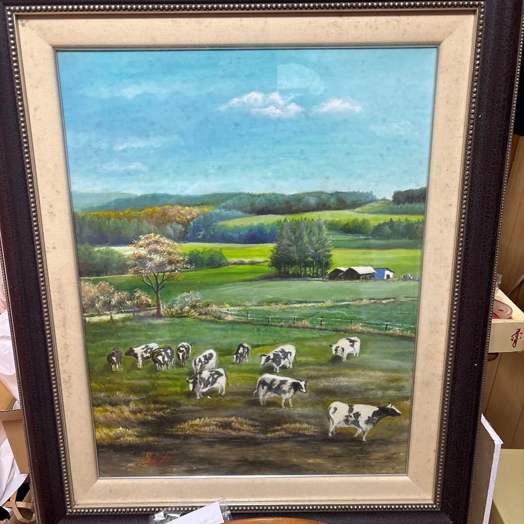 油彩画 牧場の風景 牛たち