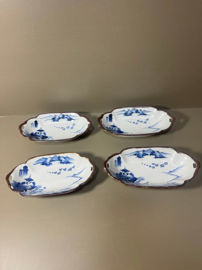 2110 明治大正 伊万里 舟形皿 4客　長山文製 染付山水　時代物