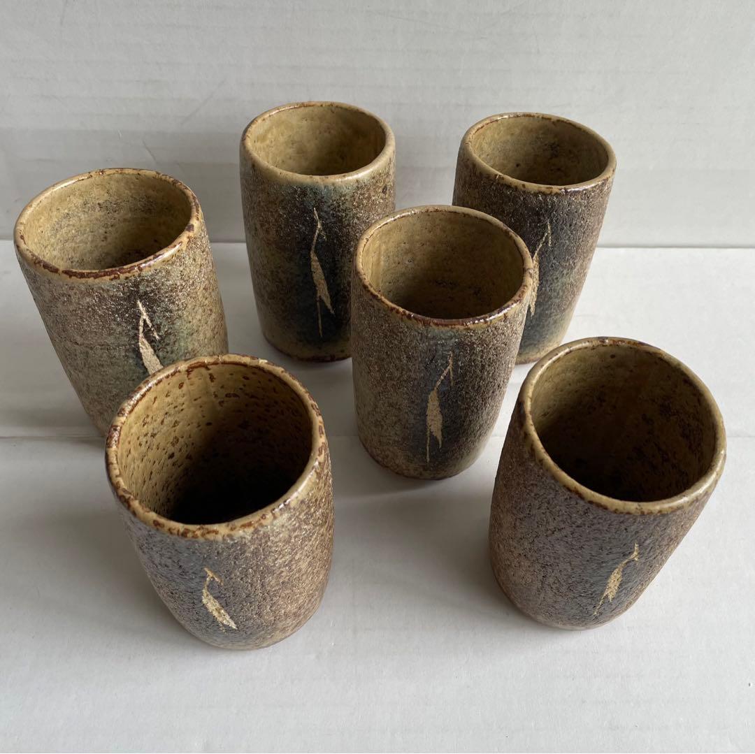 河本五郎　灰釉鳥紋　汲出碗　6客揃い